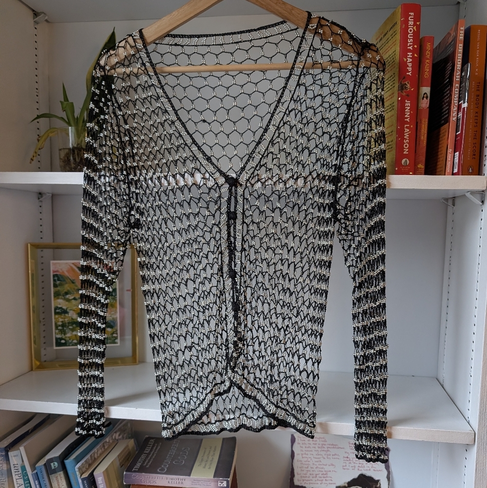 Mesh Net Cardigan Sheer Knit Black and Silver Beaded Small Festival Boho Rave - Picture 3 of 8